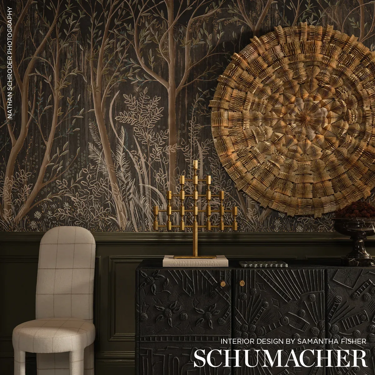Schumacher BRINDILLE GOLDEN ACCENTED PANEL SET wallpaper, color CARBON, SKU 5010921